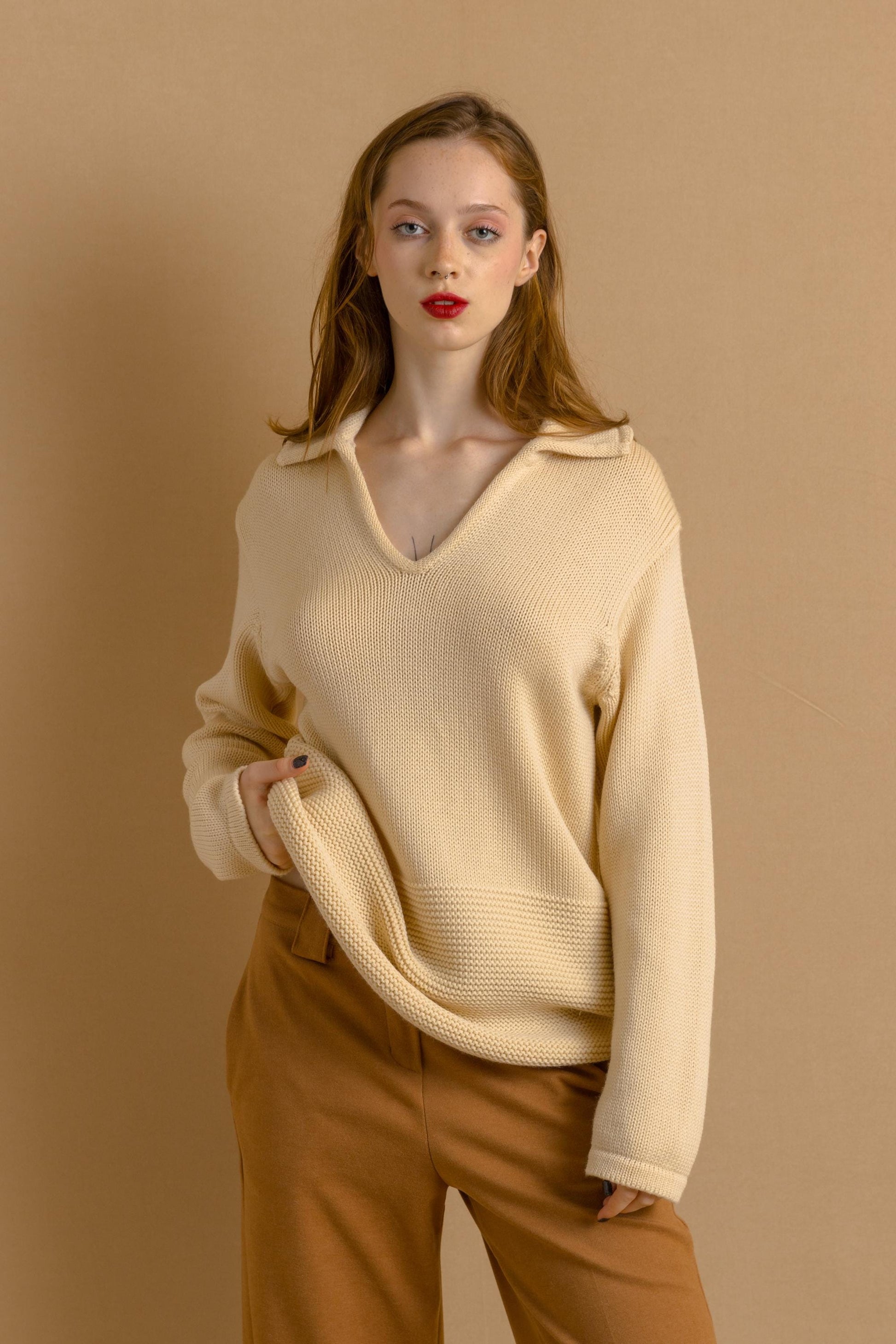 80s Vintage Beige Casual V Neck Woolmark Pure Wool Sweater Jumper Cardigan Girlfriend Gift Present Womans Wear Vintage Clothes 4626