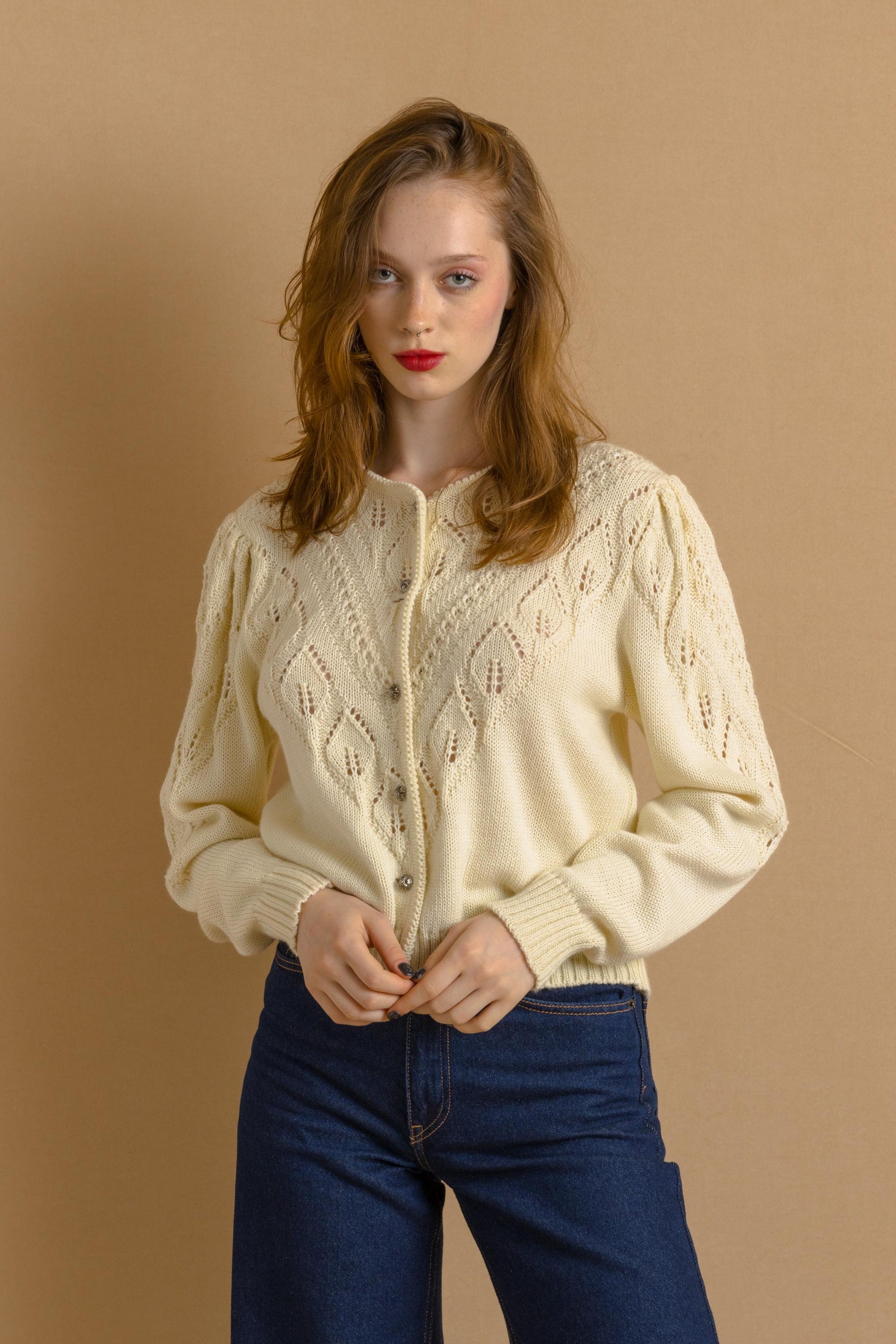 Unique Lovely Beige Vintage Cardigan with PopCorn Embroidered Knitted Jacket Folk Embroidery Wool Retro Hand Knit Austrian 4415