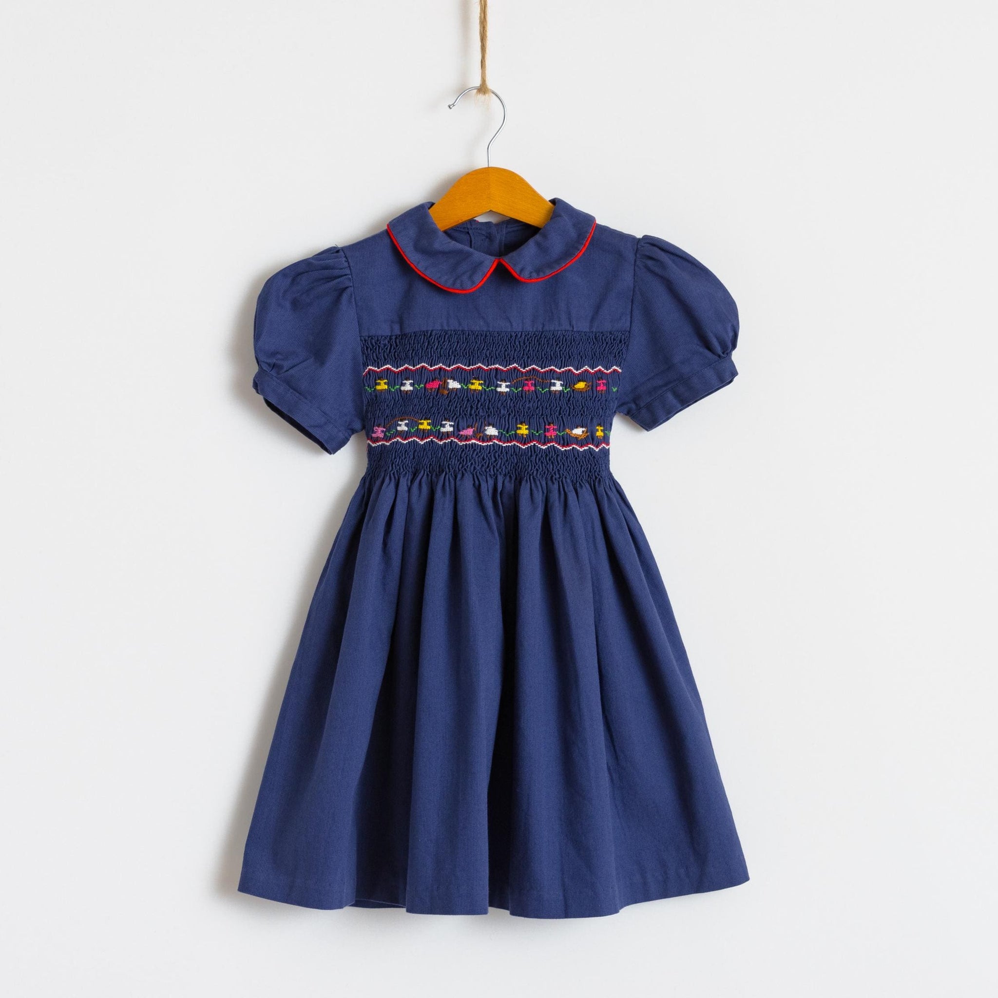 Vintage 1970s Child's Dress | Blue Navy Embroidered Print Dress | 4-5 years old