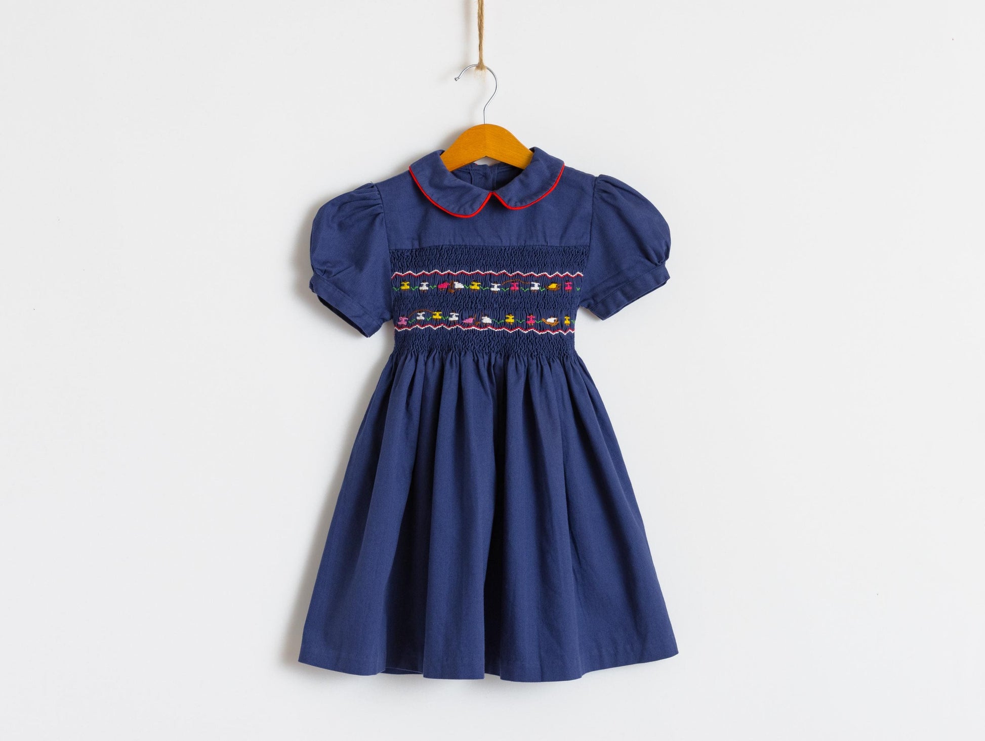 Vintage 1970s Child's Dress | Blue Navy Embroidered Print Dress | 4-5 years old