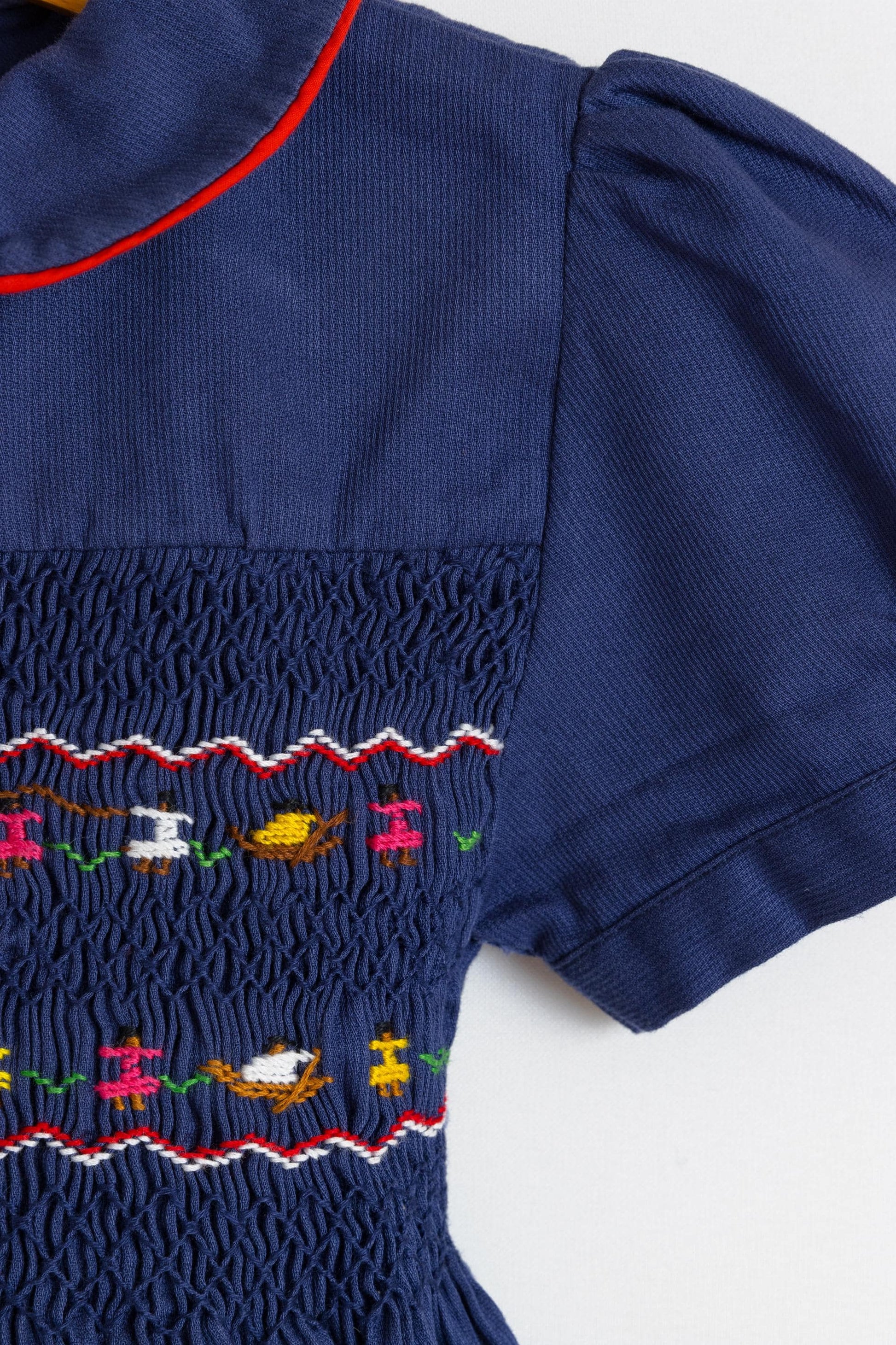 Vintage 1970s Child's Dress | Blue Navy Embroidered Print Dress | 4-5 years old