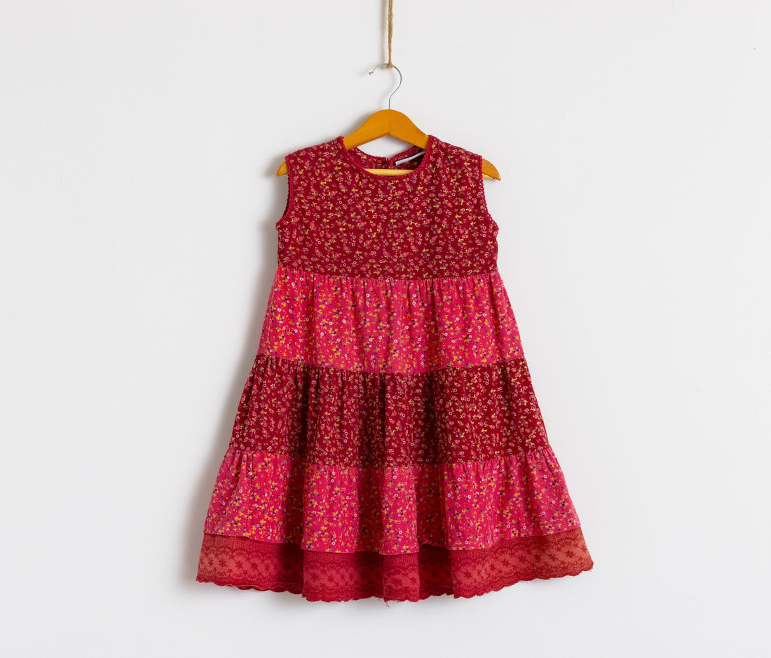 Vintage 1980s Corduroy Child's Dress | Maroon Floral Print Dress | 4-5 years old