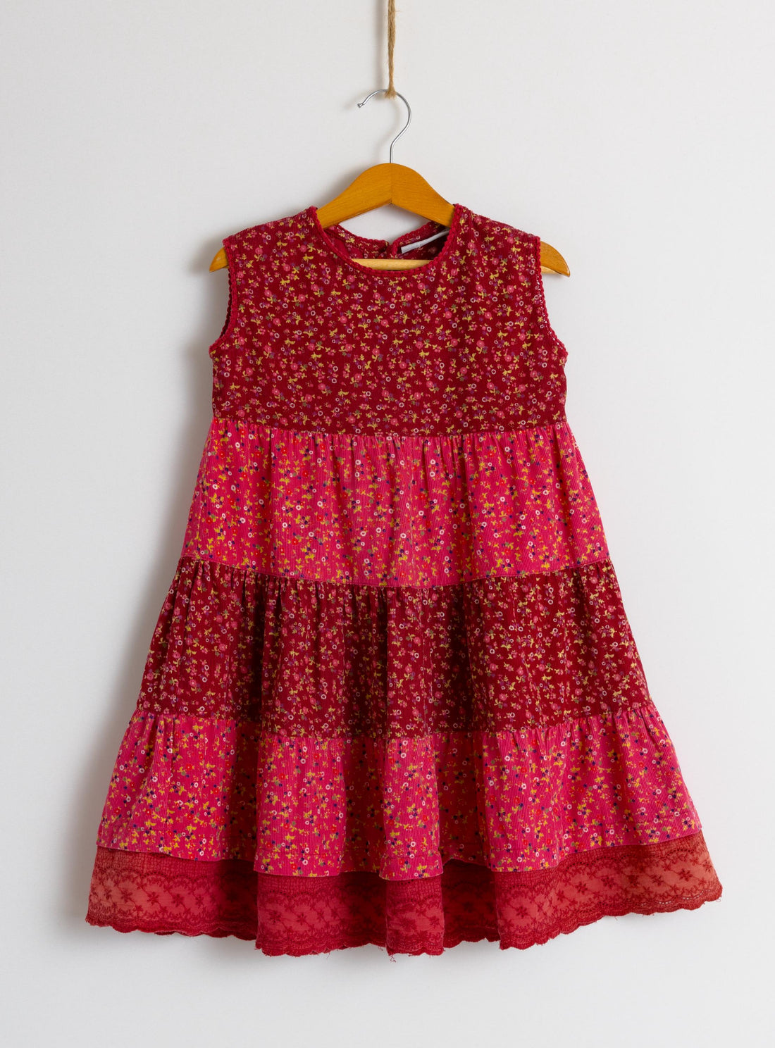 Vintage 1980s Corduroy Child's Dress | Maroon Floral Print Dress | 4-5 years old