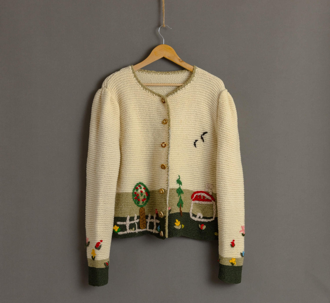 Original 1970s Tyrol Austrian/Bavarian Style Cardigan,Embroidered Folk/Cottagecore Knitwear/Jacket size Medium