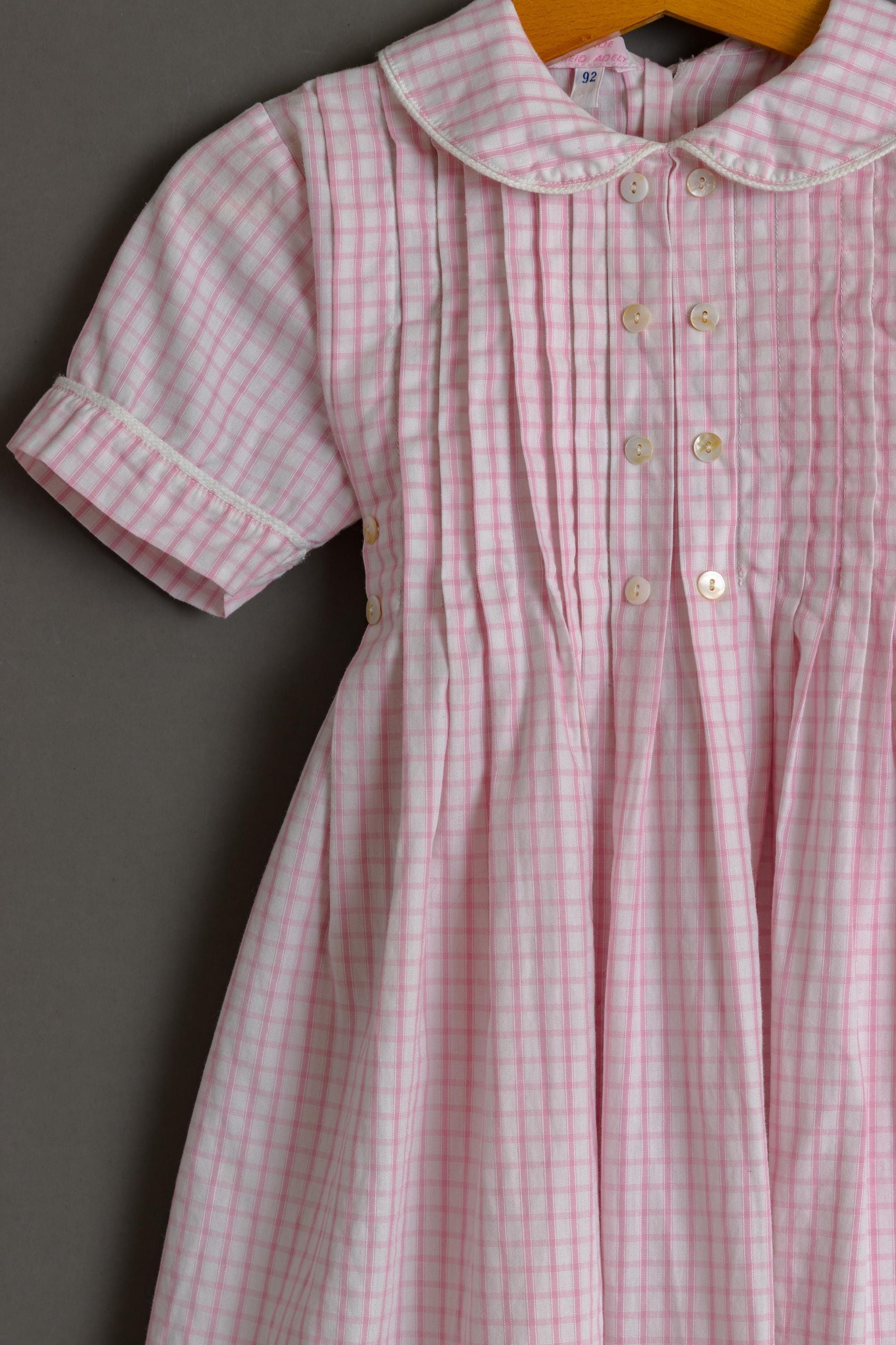 Vintage 1980s Cotton Boho Child's Dress | White Pink Checked Print Dress | 2 years old 92cm