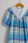 Vintage 1980s Cotton Boho Child's Dress | White Blue Checked Print Dress | 5 years old 110cm