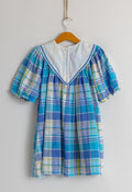 Vintage 1980s Cotton Boho Child's Dress | White Blue Checked Print Dress | 5 years old 110cm