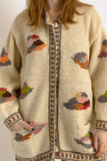 70s Vintage Abstract Pattern Knitwear Handknitted Crew Neck Beige Multicolor Ornament Wool Jumper Cardigan Sweater size Medium