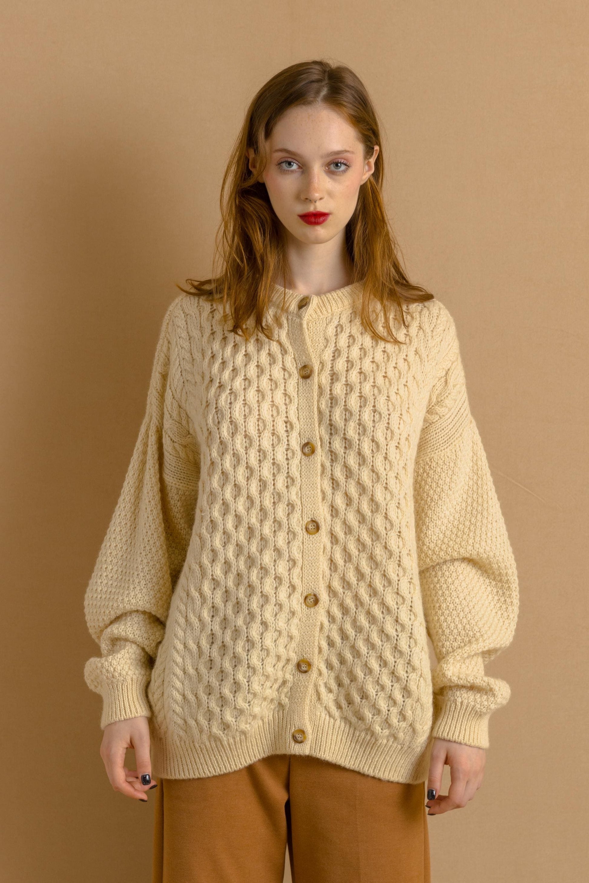 Vintage Cable Knit Beige Sweater Vintage Aran Cable Knit Cardigan Beige Irish Handmade Cardigan Hand Knitted Traditional size Xlarge