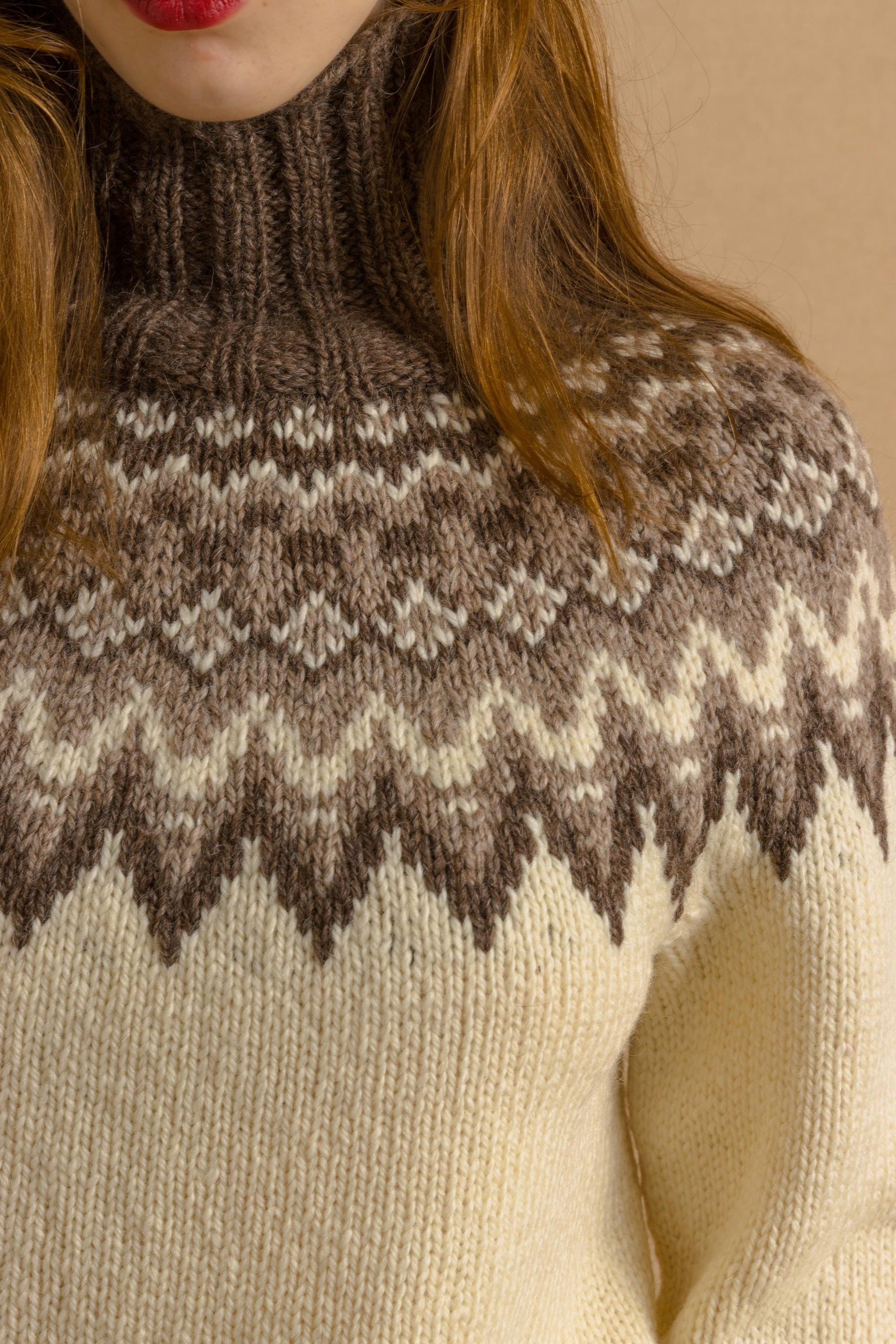 70s Vintage Iceland Norway Knitwear Handknitted Crew Neck Beige Brown Ornament Wool Jumper Sweater size Small