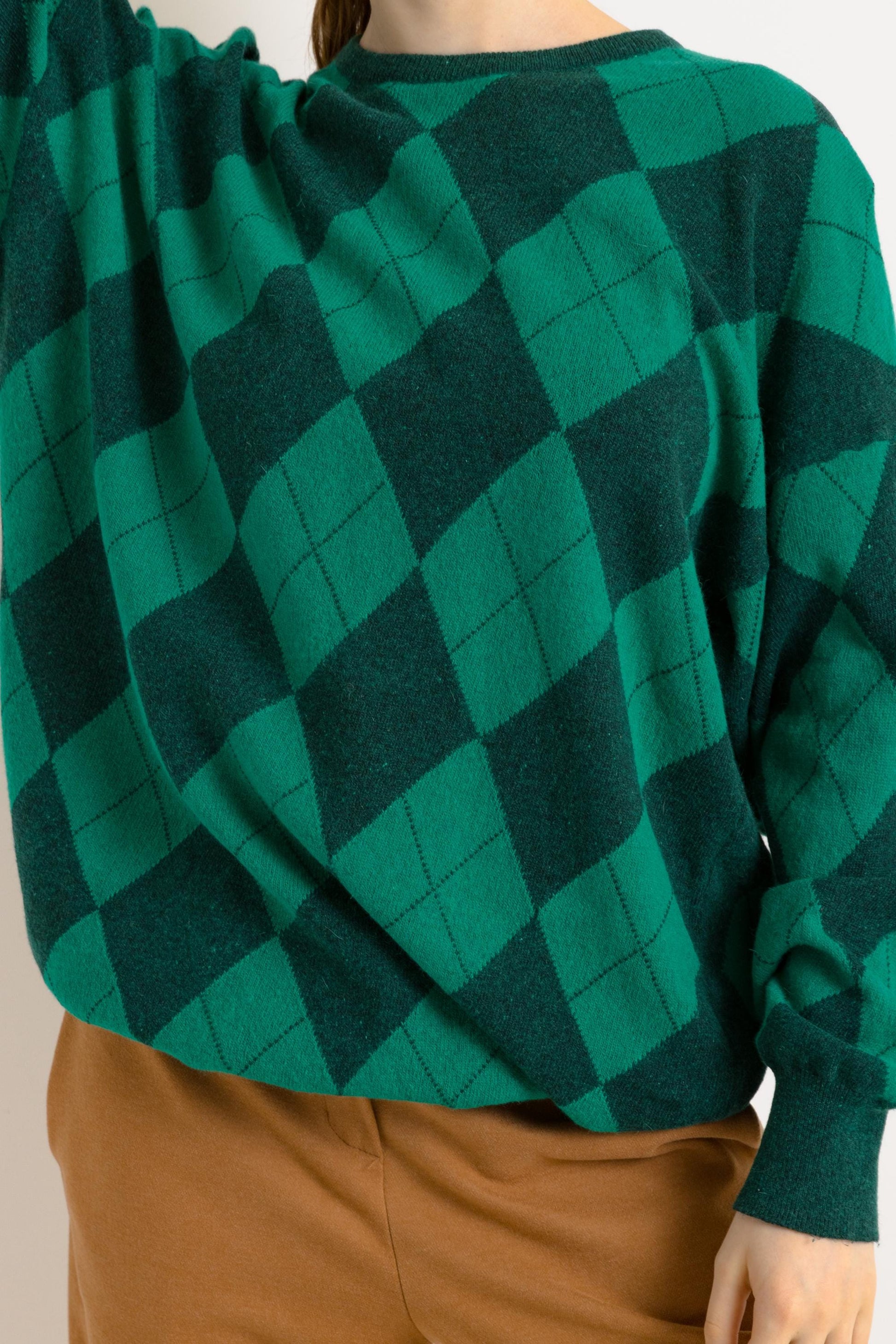 80s Vintage Wool Checked Round Neck Pullover Sweater Jumper in Green size 38 Medium Girlfriend Gift Present Womans Wear Vintage Clothes