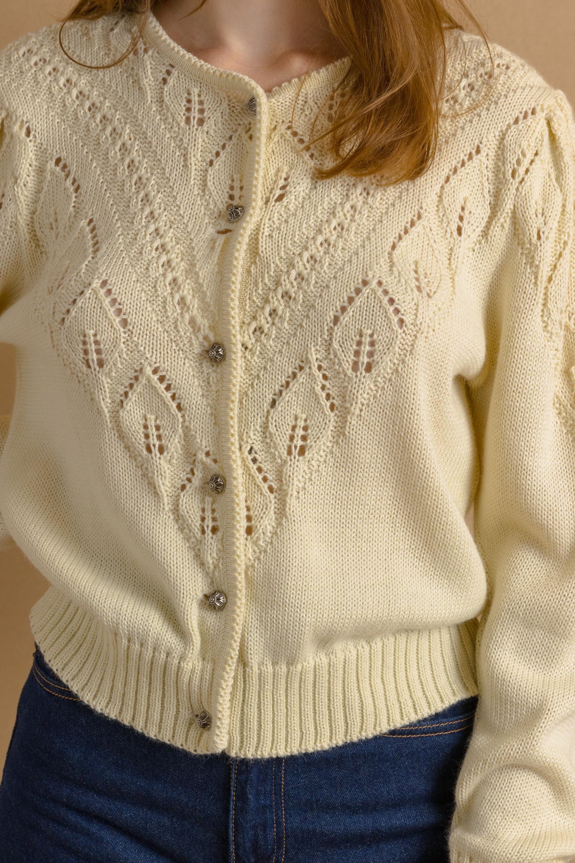 Unique Lovely Beige Vintage Cardigan with PopCorn Embroidered Knitted Jacket Folk Embroidery Wool Retro Hand Knit Austrian 4415