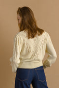 Unique Lovely Beige Vintage Cardigan with PopCorn Embroidered Knitted Jacket Folk Embroidery Wool Retro Hand Knit Austrian 4415