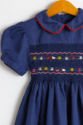 Vintage 1970s Child's Dress | Blue Navy Embroidered Print Dress | 4-5 years old