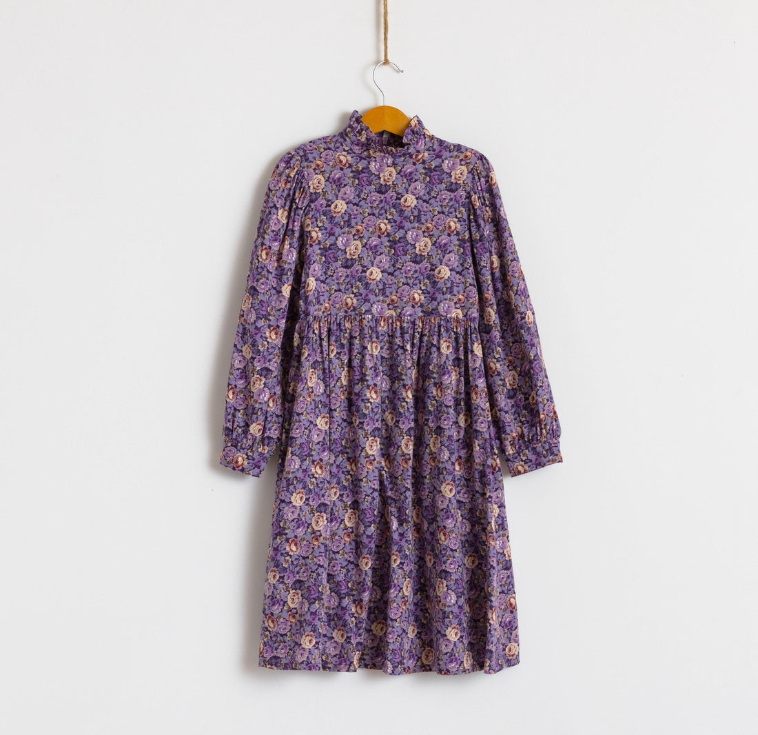 Vintage 1980s Cotton Boho Child's Dress | Purple Floral Print Dress | 7-8 years old