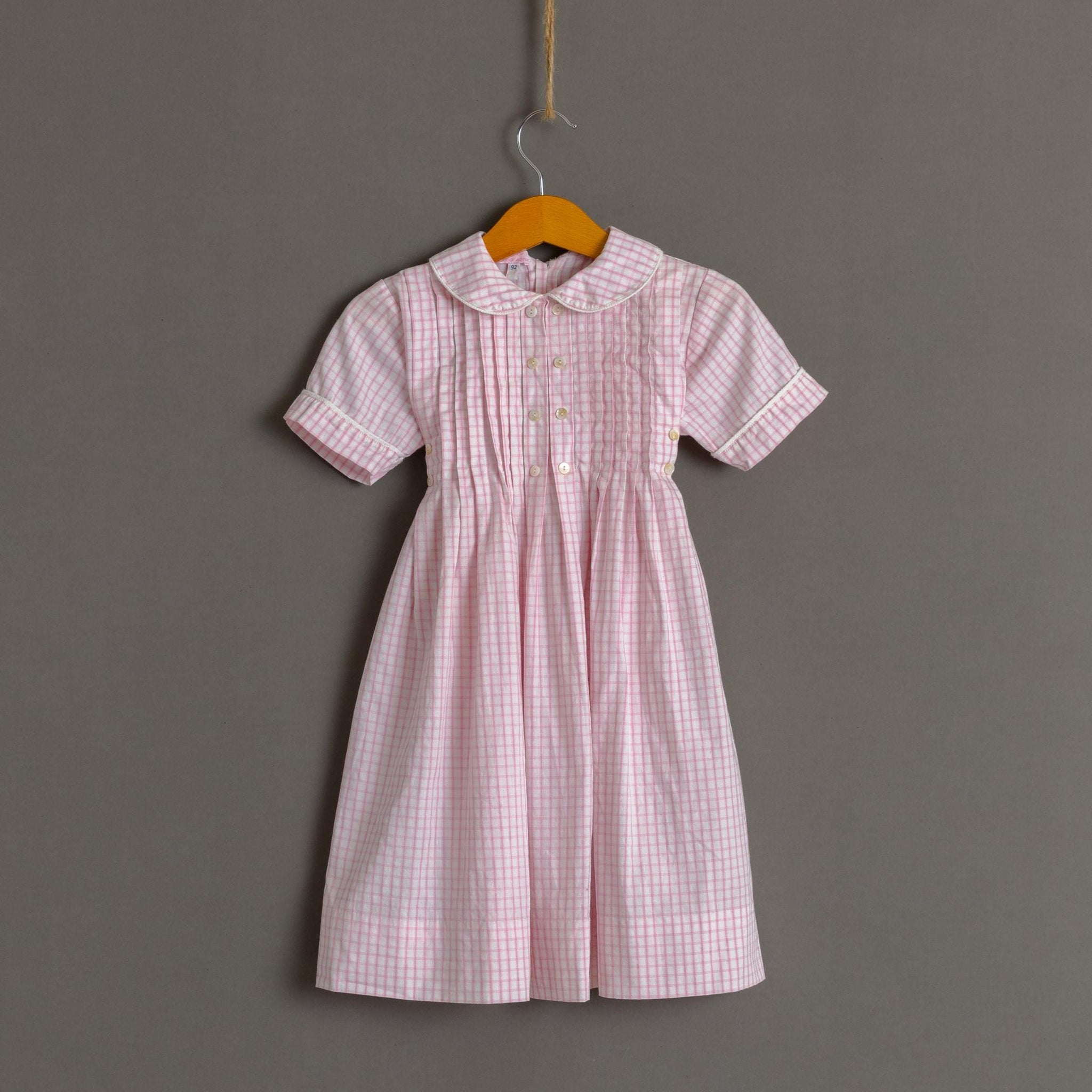 Vintage 1980s Cotton Boho Child's Dress | White Pink Checked Print Dress | 2 years old 92cm