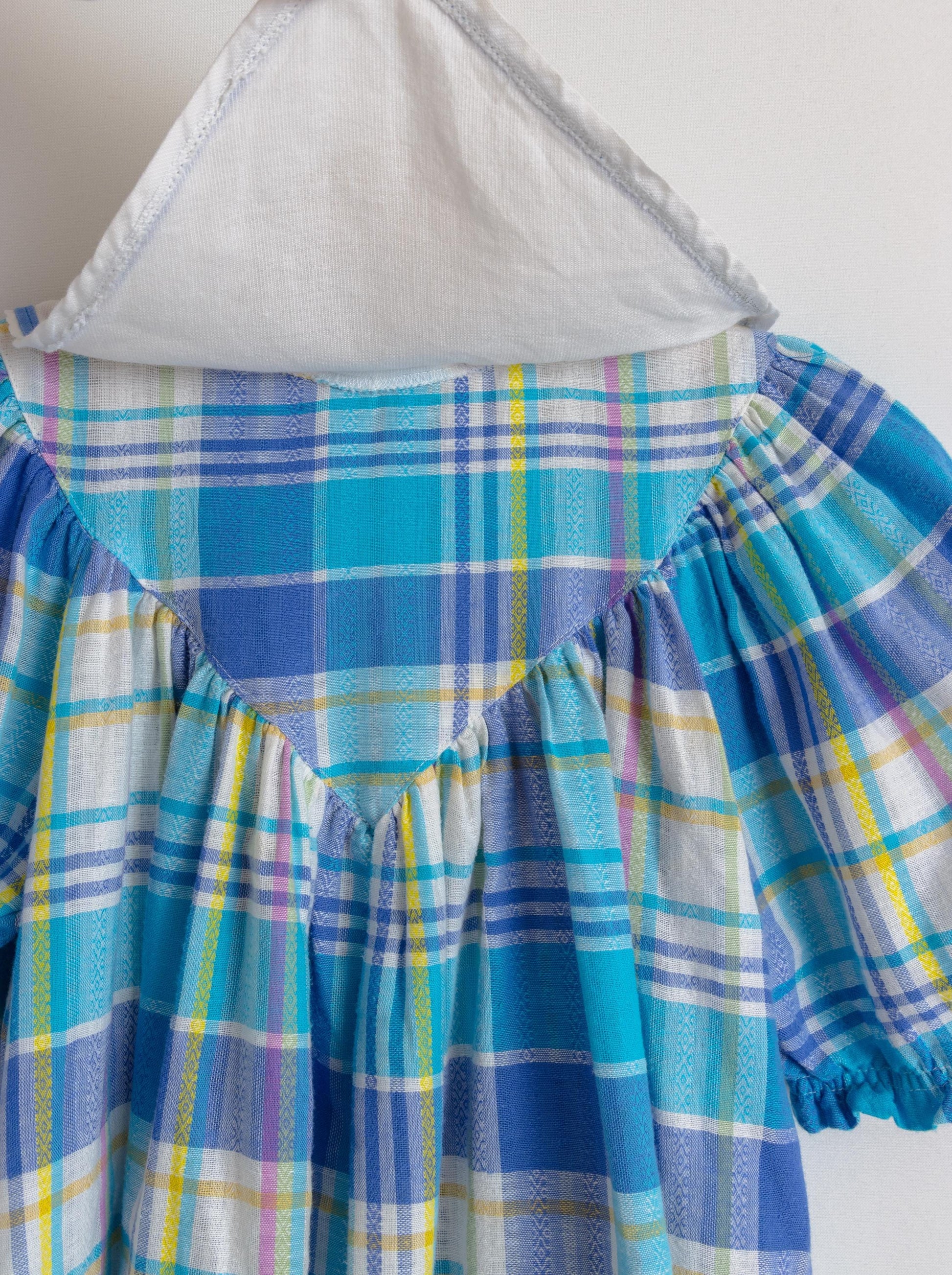 Vintage 1980s Cotton Boho Child's Dress | White Blue Checked Print Dress | 5 years old 110cm