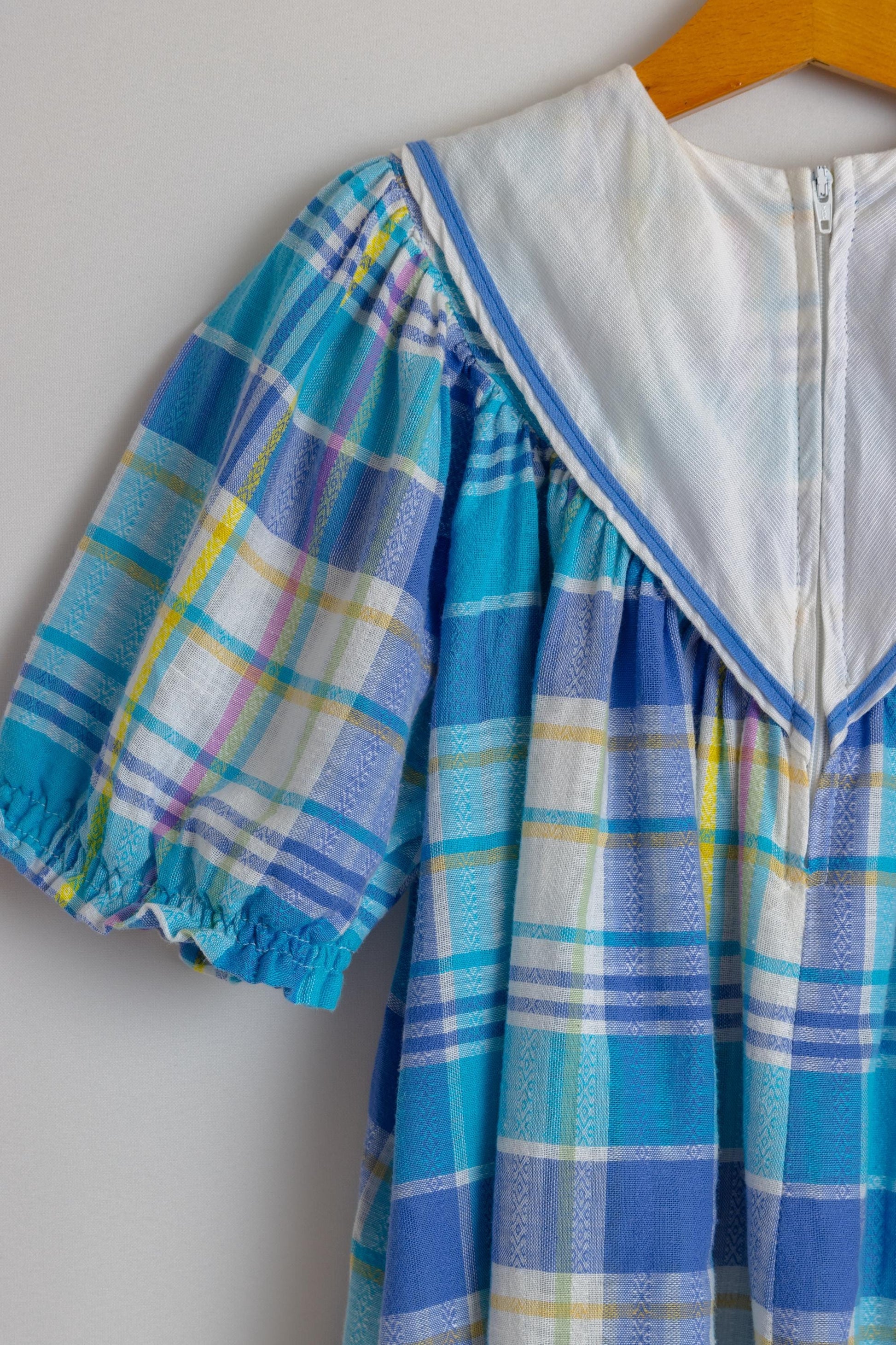 Vintage 1980s Cotton Boho Child's Dress | White Blue Checked Print Dress | 5 years old 110cm