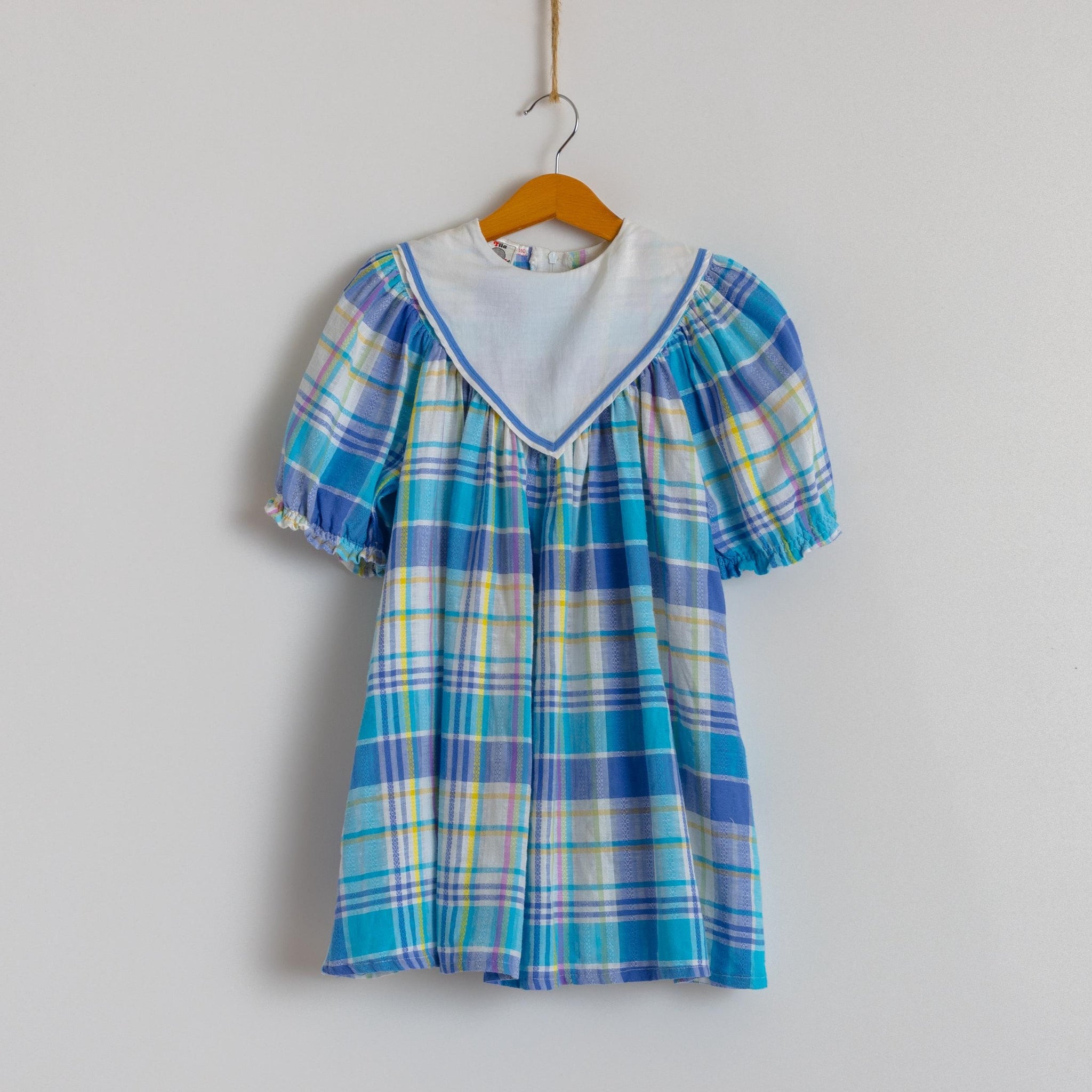 Vintage 1980s Cotton Boho Child's Dress | White Blue Checked Print Dress | 5 years old 110cm