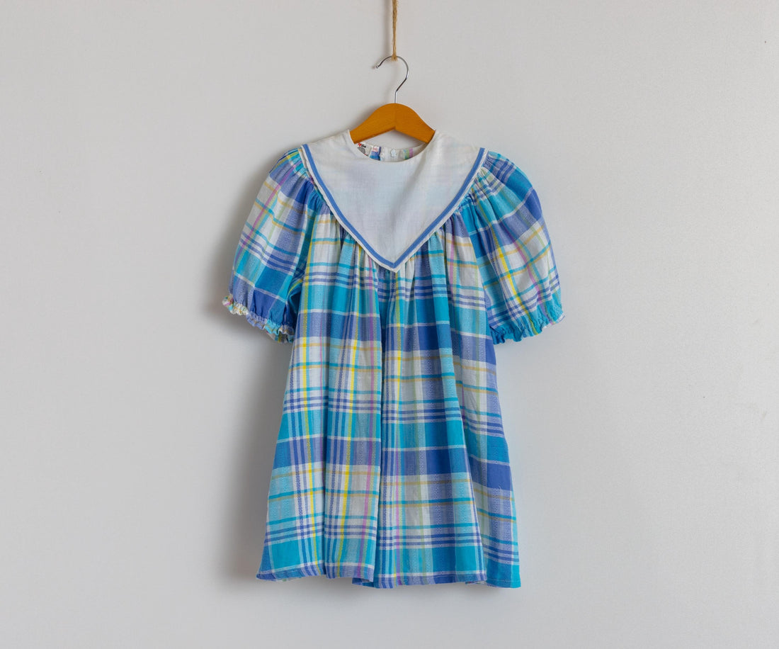 Vintage 1980s Cotton Boho Child's Dress | White Blue Checked Print Dress | 5 years old 110cm