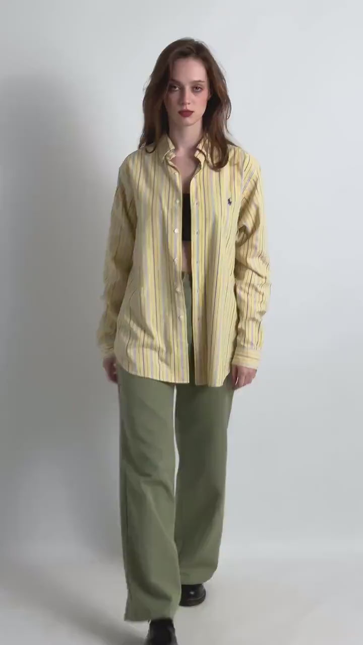 Vintage Ralph Lauren Yellow Cotton Logo Long Sleeve Buttons Up Unisex Shirt/ Vintage Ralph Lauren Yellow Striped Large Man Shirt