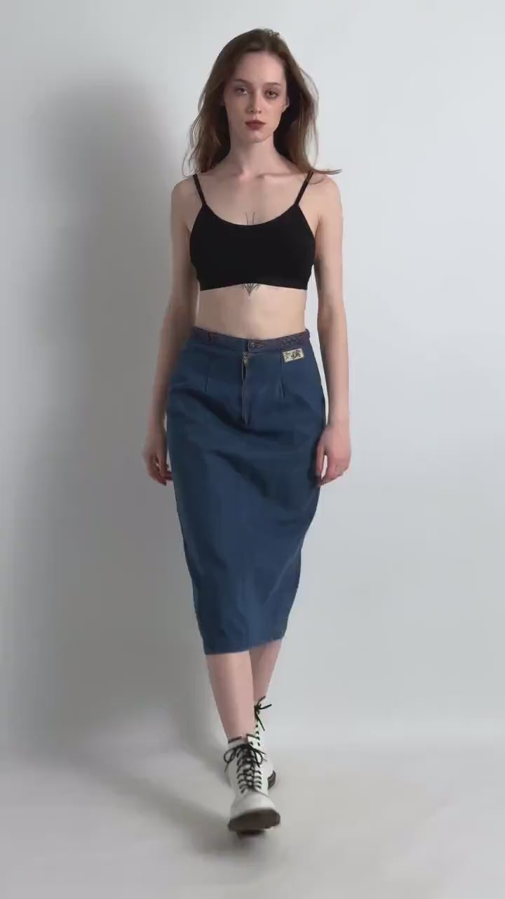 80s Denim Midi Skirt / High Waist Denim Midi Skirt Medium / Minimalist Blue Pencil Skirt / Cotton Midi Pencil Skirt Medium