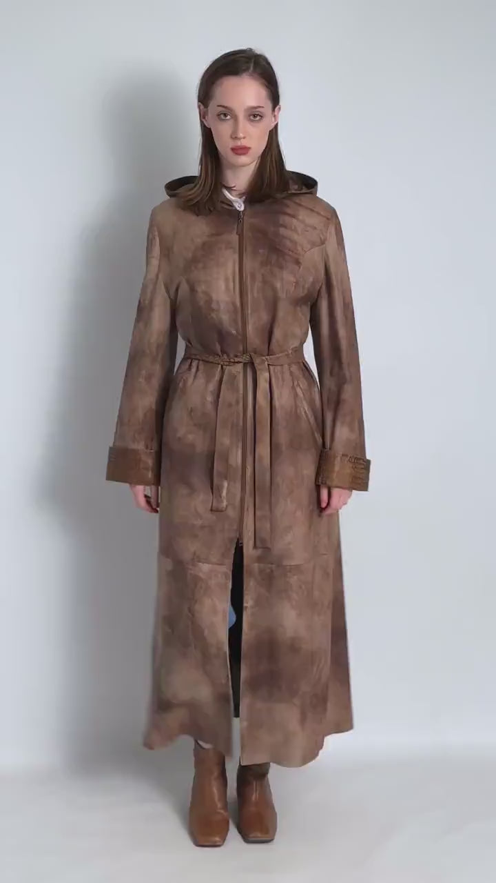 Longline Leather Coat 80s, Size L Brown Hood Leather Maxi Coat, Retro Women Coat, Vintage Women Outerwear, Timeless Coat, MoodGirls