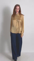 80s Vintage Silk Blouse, Vintage Gold Oversized Long Sleeve Silk Top, Gold Silk Blouse, Oversized Button Up