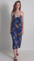 1990s D & G blue big leaves dress, golden chain accents, lingerie inspired straps / large/ pencil dress