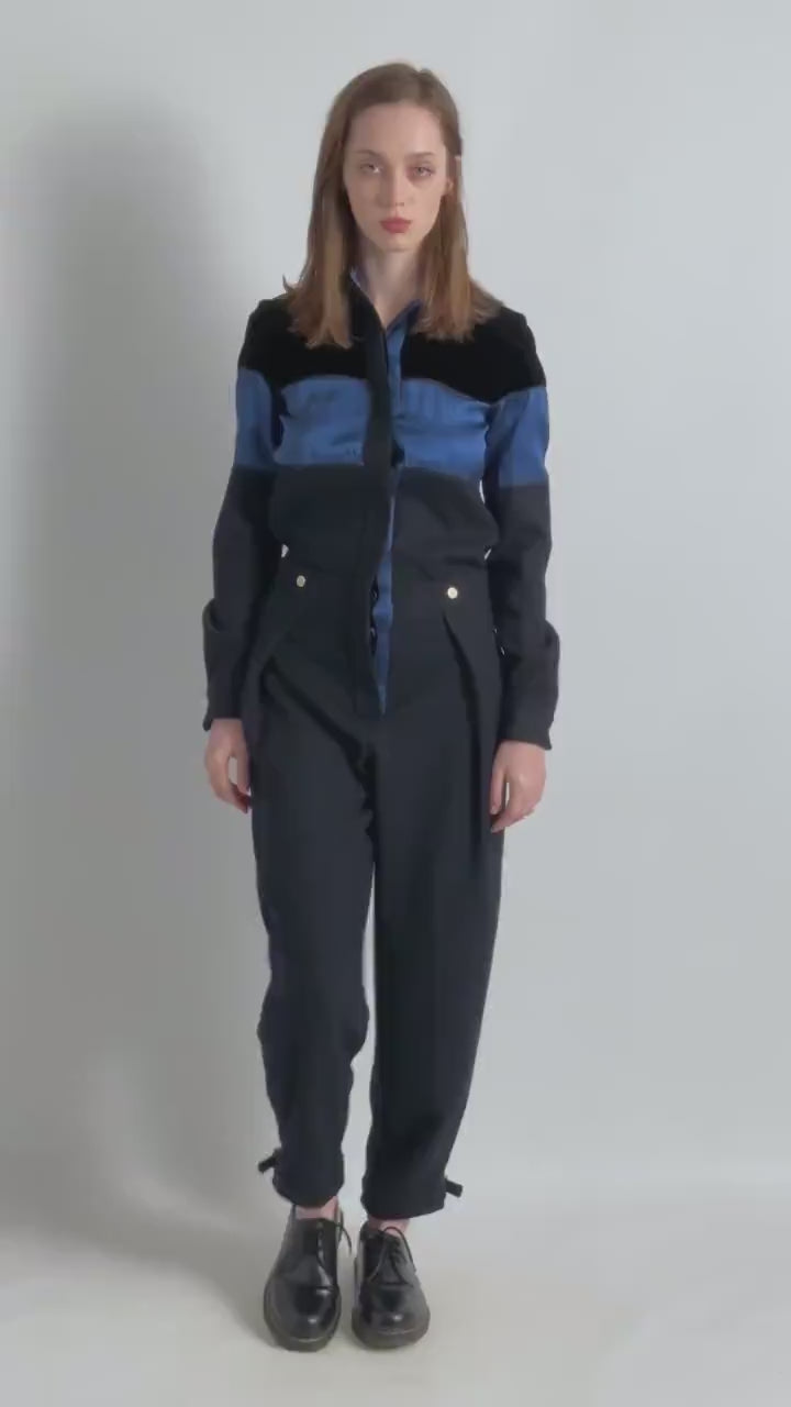 90s Vintage CHLOE Minimal Black Blue Buttoned Jumpsuit Coveralls / Fits like Xs S/ Designer Clothing