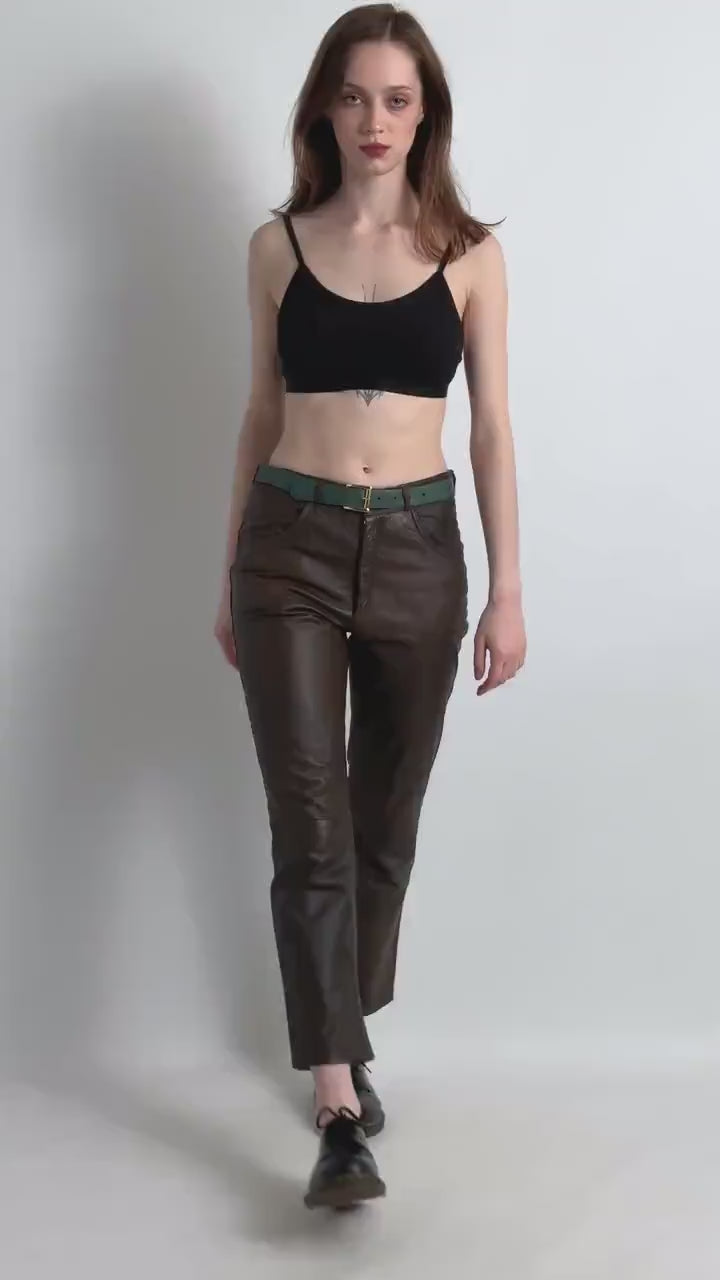 80s Vintage High Waisted Leather Woman Pants size Medium/ Vintage woman leather brown trousers/ vintage woman clothing/ vintage woman