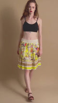 00s Preloved MARC AUREL pleated A-line knee length skirt in beige, elegant abstract floral skirt, Small size S