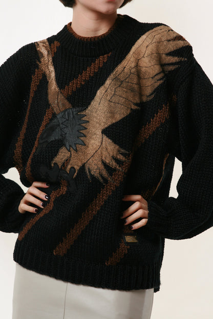90s Vintage Black Echtes Leder Oversized Autumn Fall Winter Jumper Sweater 1849