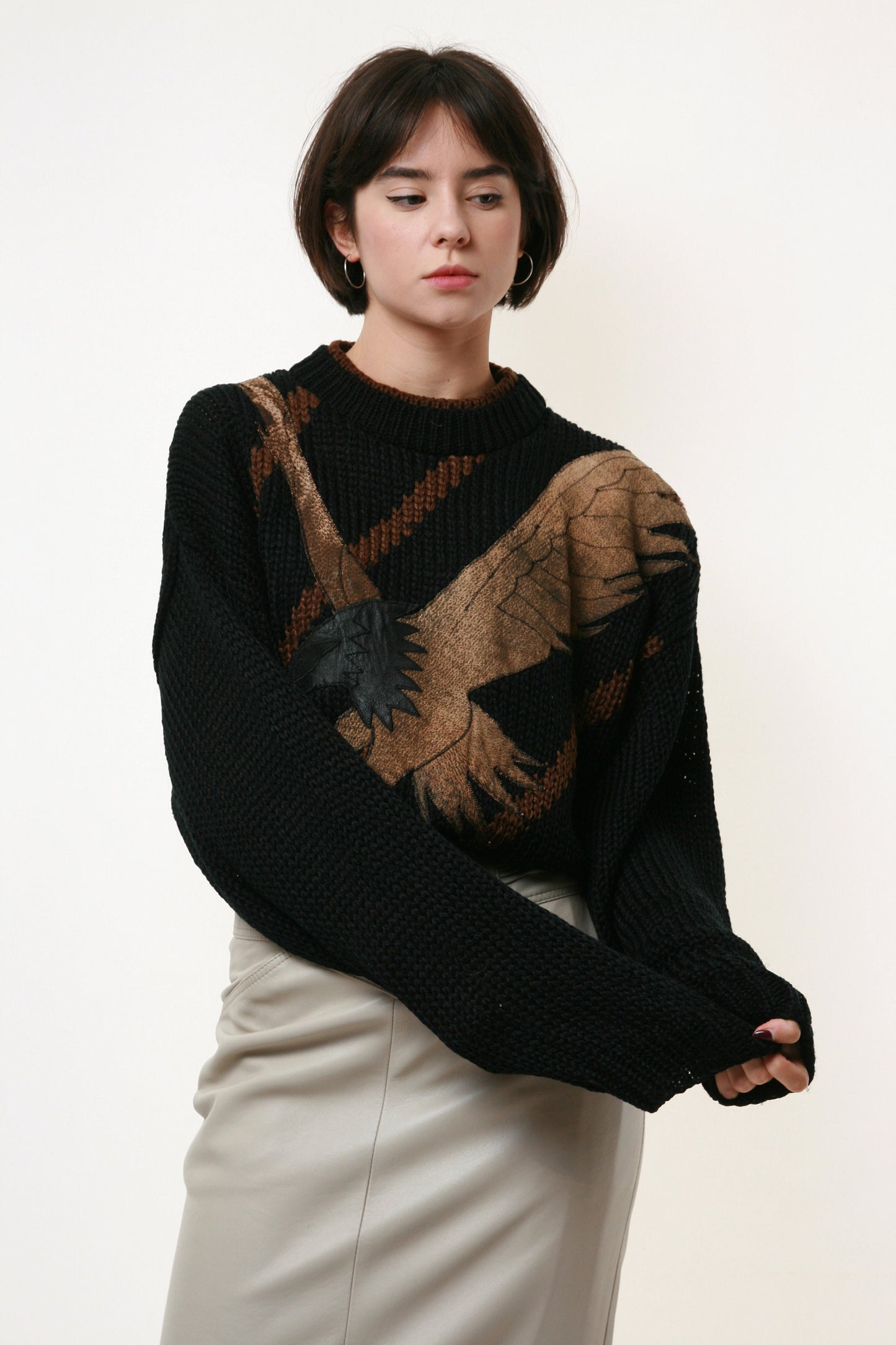 90s Vintage Black Echtes Leder Oversized Autumn Fall Winter Jumper Sweater 1849