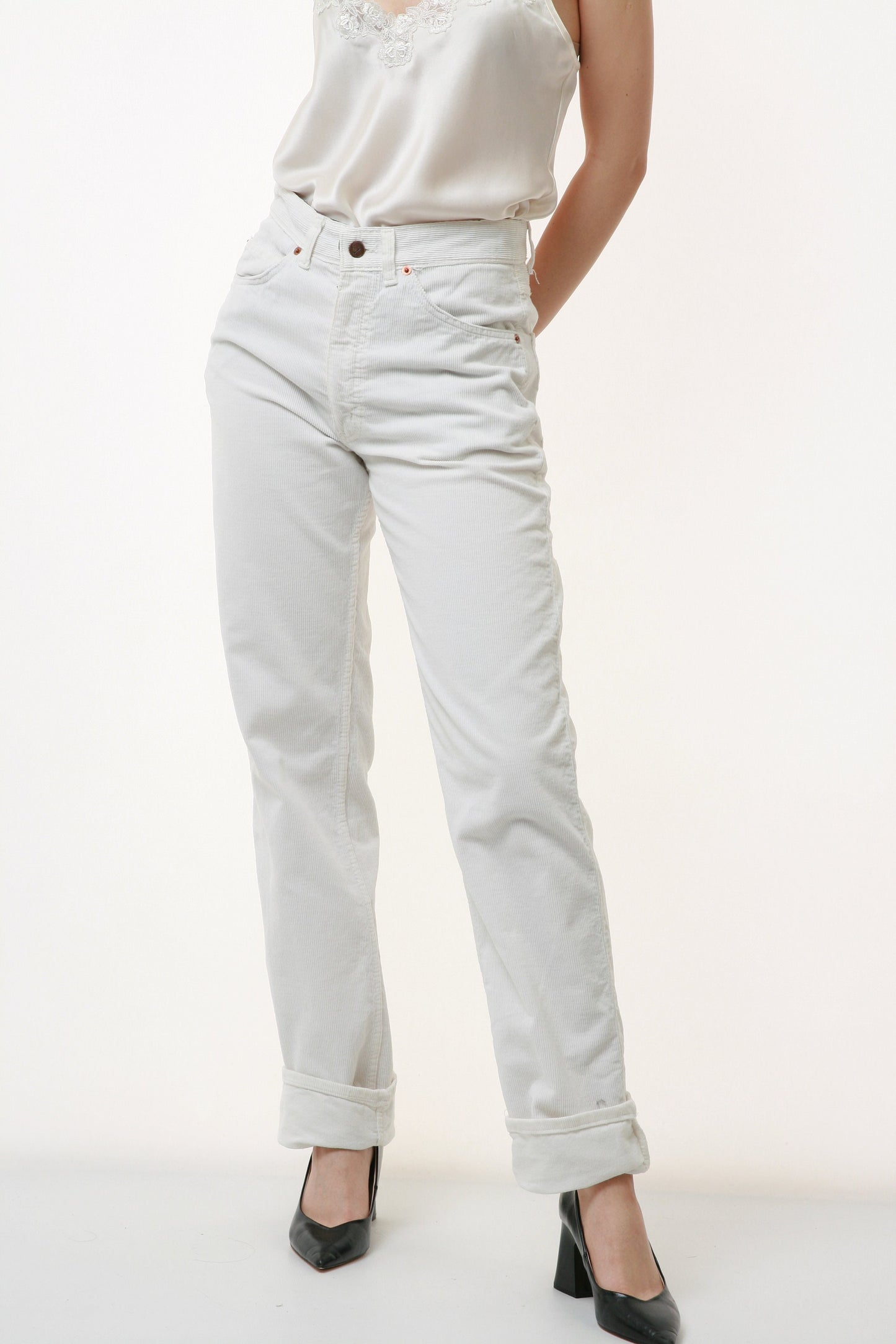 80s Vintage Vtg Rare Valentino White High Waisted Corduroy MOMs Straight Leg Zip Straight Pants Trousers 2814 Size S Girlfriend Gift