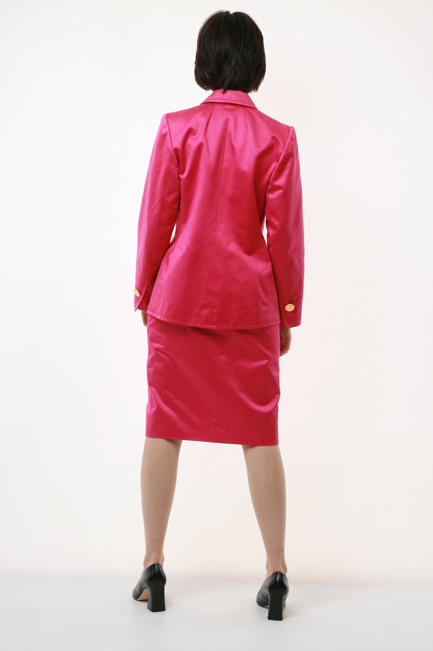 70s Vintage YSL Yves Saint Laurent Rive Gauche Summer Bright Pink Fuchsia High Waisted Pencil and Blazer All in One Suit 2815