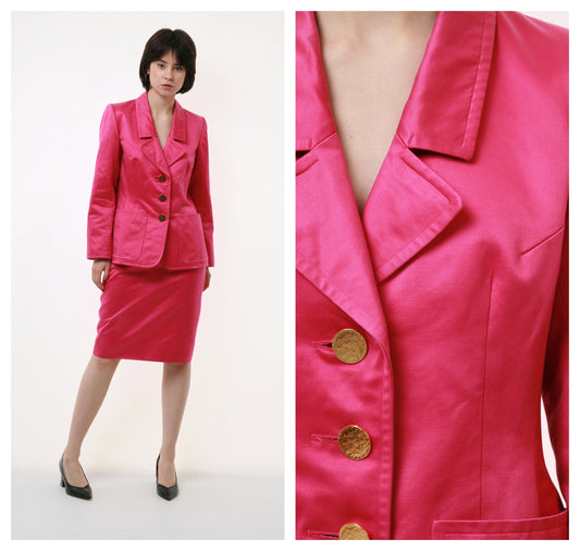 70s Vintage YSL Yves Saint Laurent Rive Gauche Summer Bright Pink Fuchsia High Waisted Pencil and Blazer All in One Suit 2815