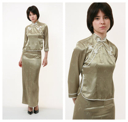 70s Vintage Vtg Rare Chinese Style Vietnamese Rare 100% Silk Seta Seide Blouse Shirt and HIgh Waist Maxi Pencil Skirt 2816