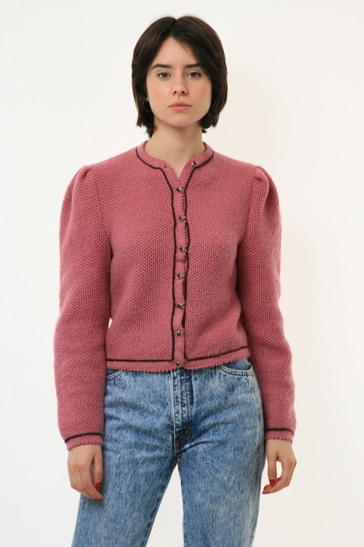 Unique Gorgeous Pink Vintage Cardigan with Puff Sleeve Folk Cardigan Knitted Jacket Handmade Embroidery Wool Retro Hand knit
