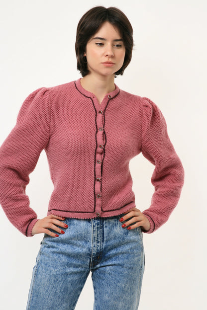 Unique Gorgeous Pink Vintage Cardigan with Puff Sleeve Folk Cardigan Knitted Jacket Handmade Embroidery Wool Retro Hand knit