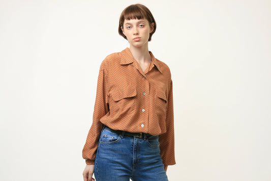 80s Vintage Vtg Rare 100% Silk Seta Brown Polka Dot Buttons Up Blouse Shirt Oversized Summer 3997 Girlfriend Gift/ Vintage Woman Blouse