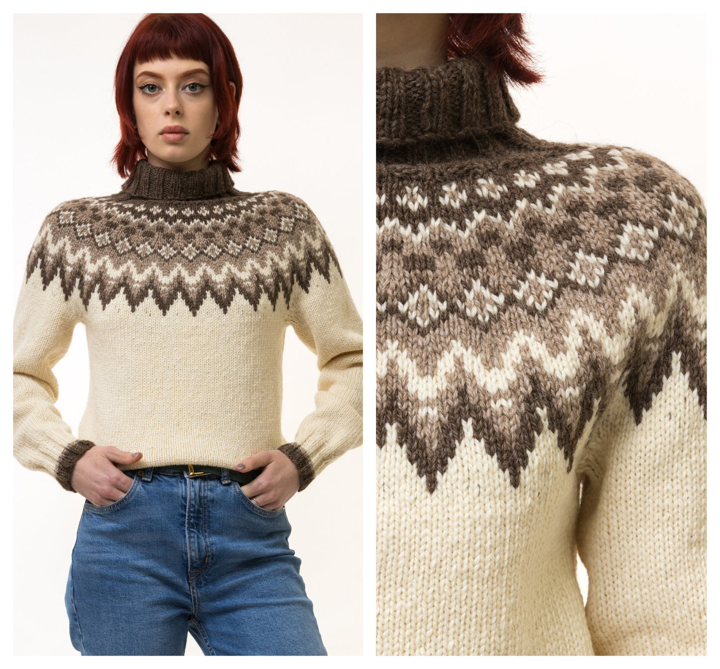 70s Vintage Iceland Norway Knitwear Handknitted Crew Neck Beige Brown Ornament Wool Jumper Sweater size Small