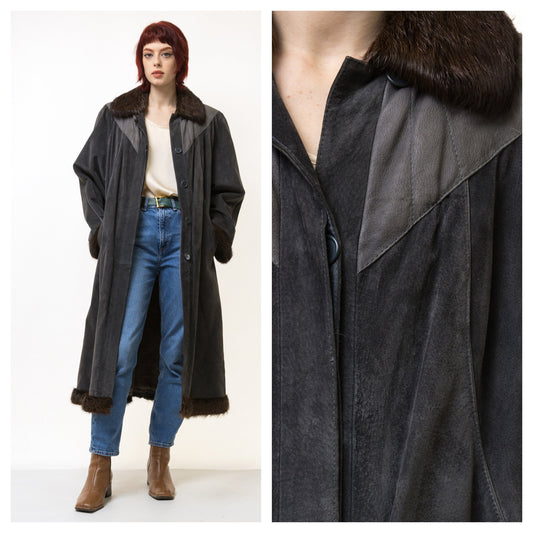 70s Woman Fur Lined Suede Coat Women Vintage 80s winter coat long wool coat outerwear maxi winter coat vintage clothing size Medium